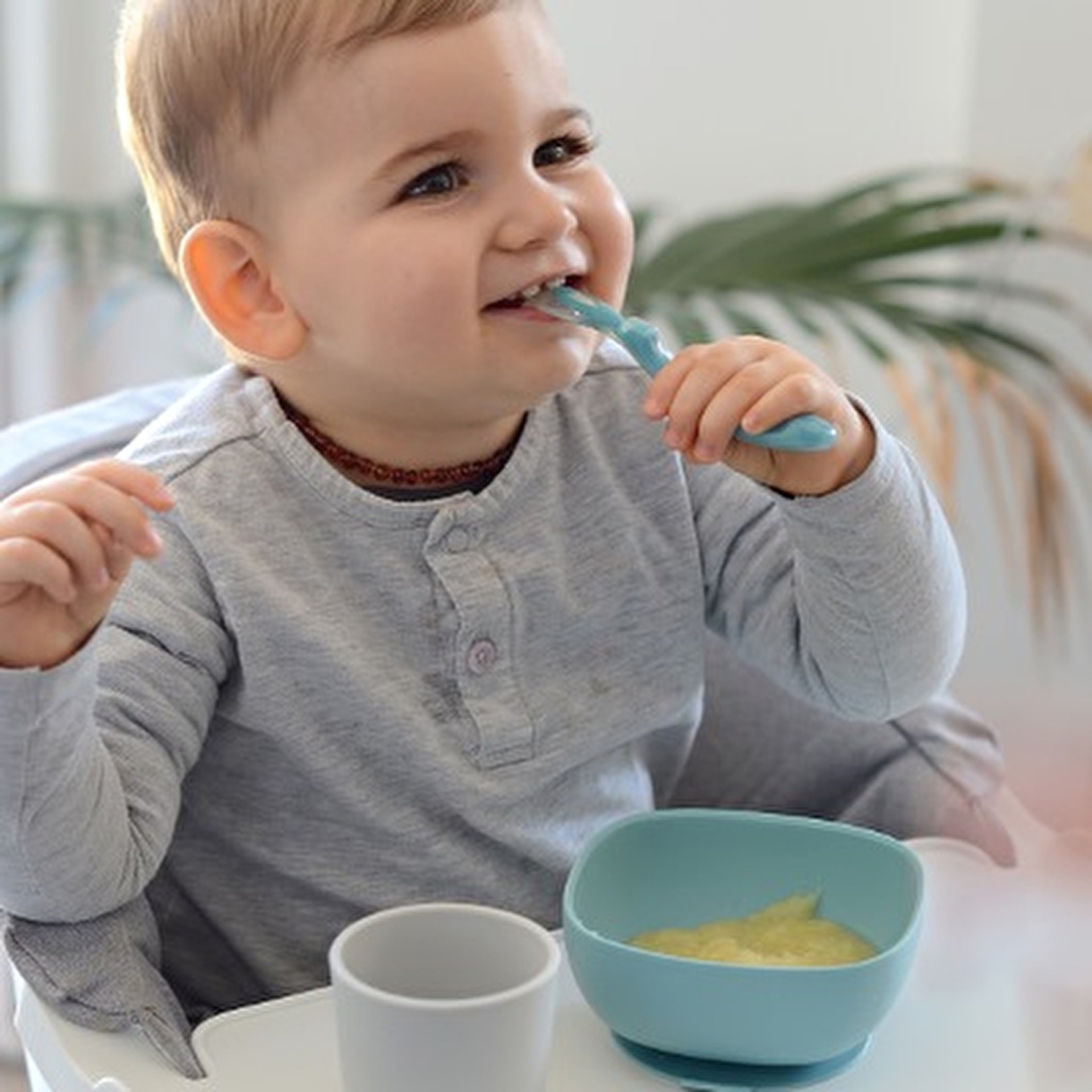 Набір силіконового посуду Beaba Babycook, 4 предмета, блакитний/сірий