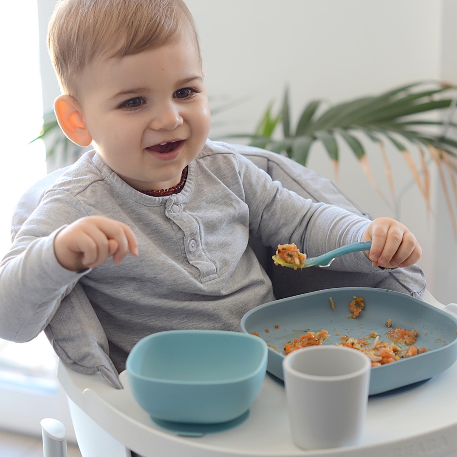 Набір силіконового посуду Beaba Babycook, 4 предмета, блакитний/сірий