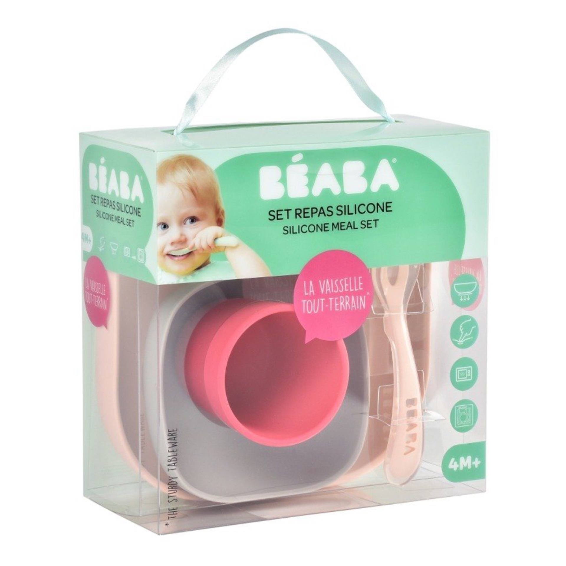Набір силіконового посуду Beaba Babycook, 4 предмета, рожевий/сірий
