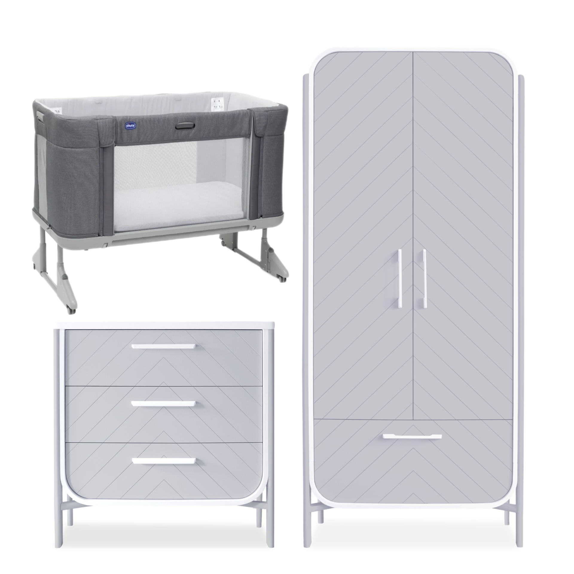 Ліжко Chicco Next2Me Forever, комод Класичний та шафа від MamoTato (білий, сірий) Ліжко Chicco Next2Me Forever, комод Класичний та шафа від MamoTato (білий, сірий)