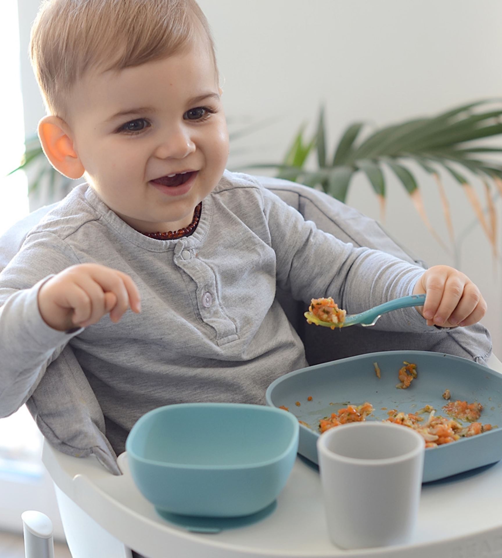Набір силіконового посуду Beaba Babycook, 4 предмета, блакитний/сірий