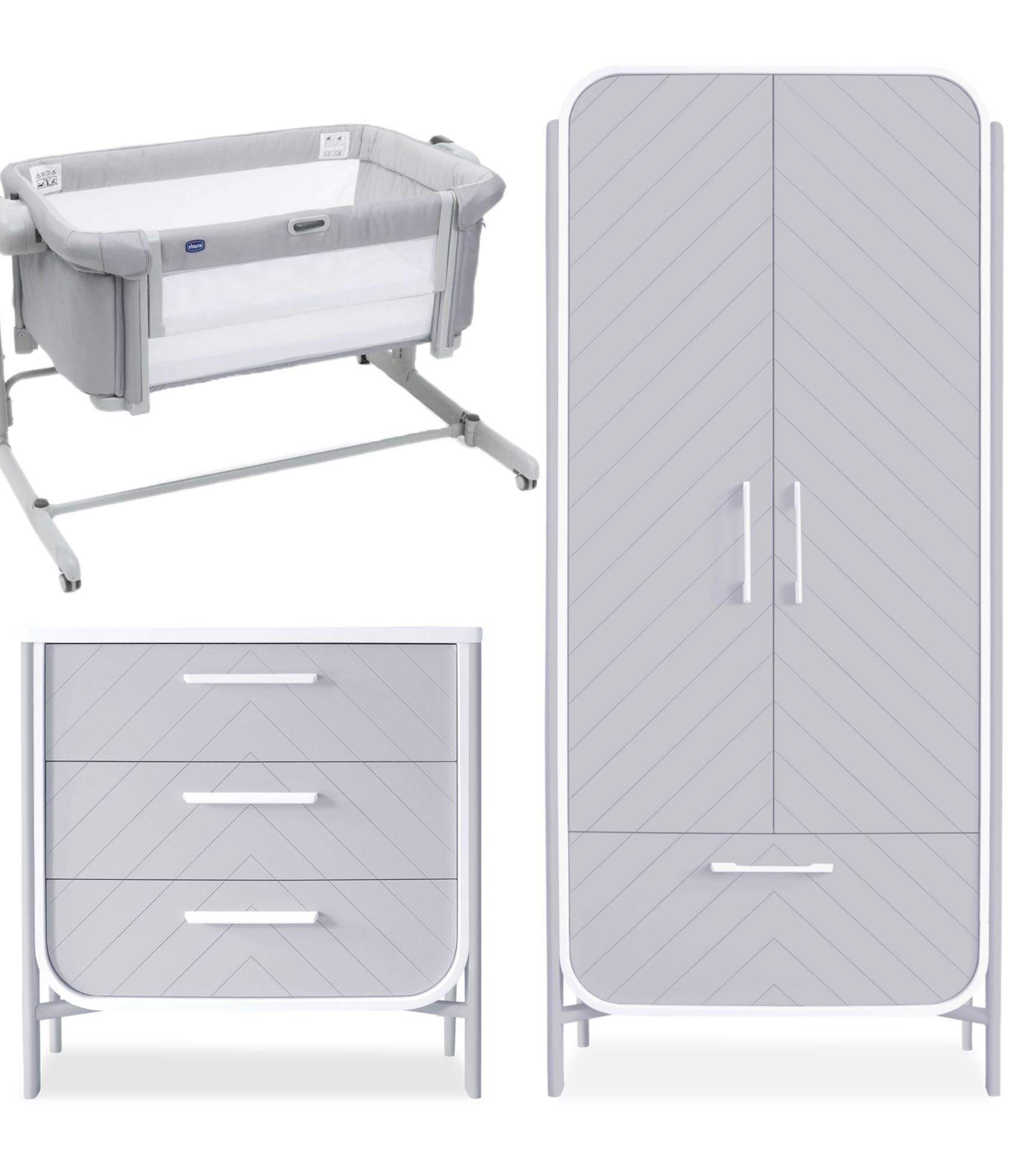 Дитяче ліжечко Next2Me Magic Evo від Chicco сірий, комод Класичний та шафа з сірими фасадами (ручки білі та ніжки сірі) від MamoTato